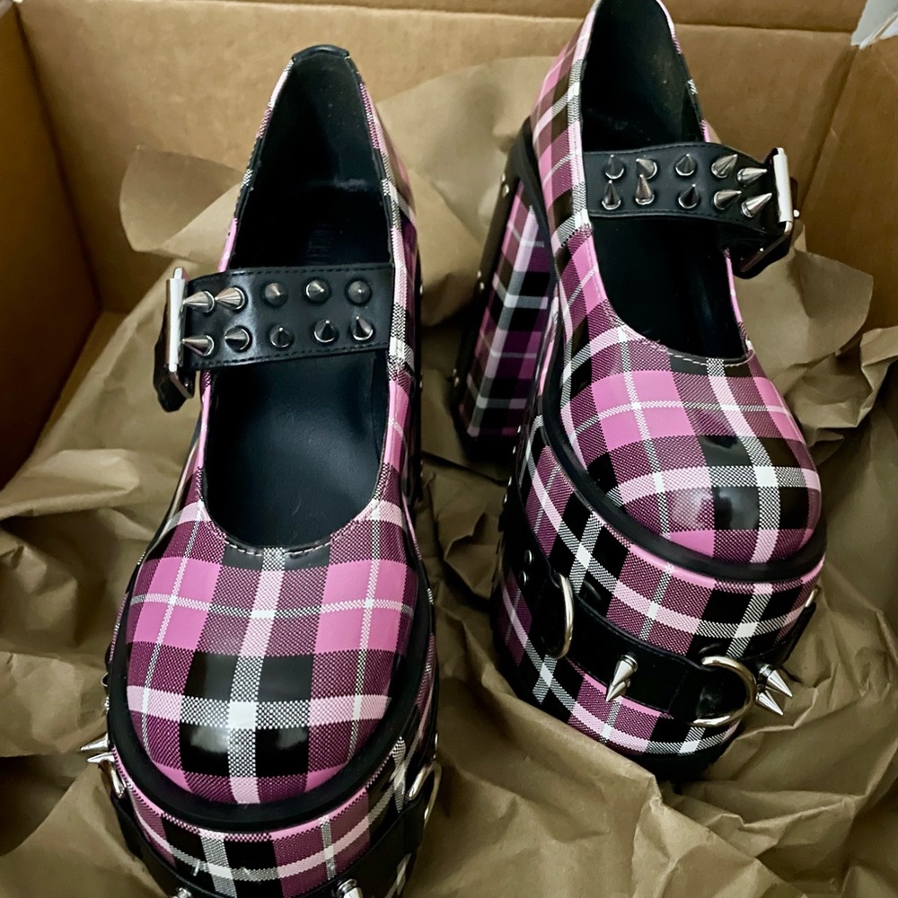 Dolls Kill Pink Black Plaid Platform Mary Janes with Studded Straps